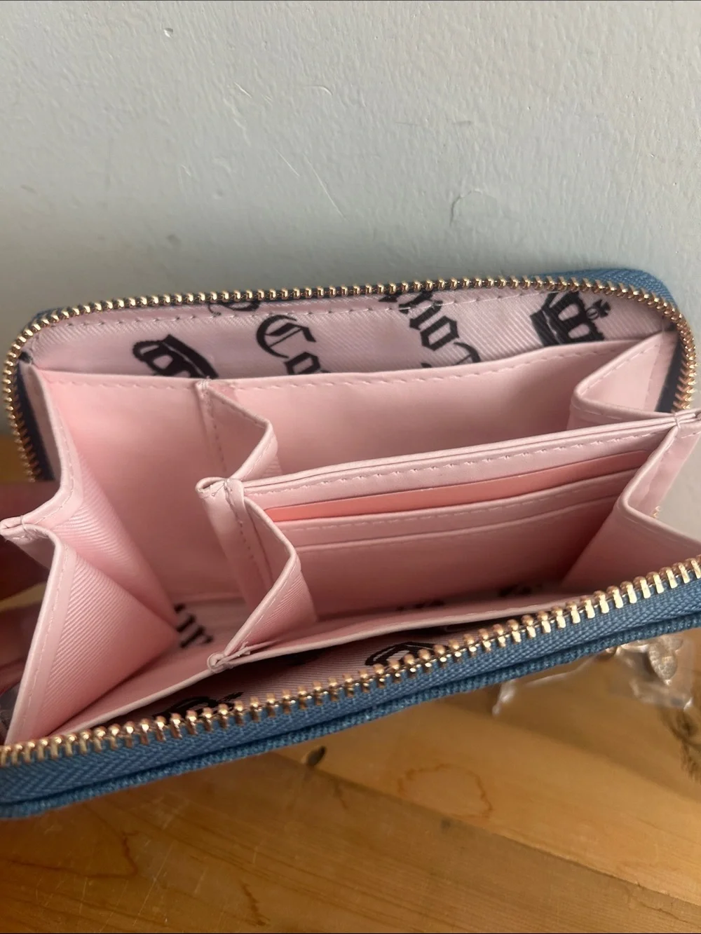 Juicy Couture denim daisy zip wallet with pink logo